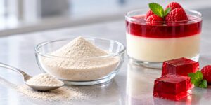 Image of an NPD food lab table, with food grade agar powder in a bowl, next to a dairy desert and raspberry jellied dessert.