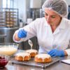 Pastry chef icing golden buns in a trial