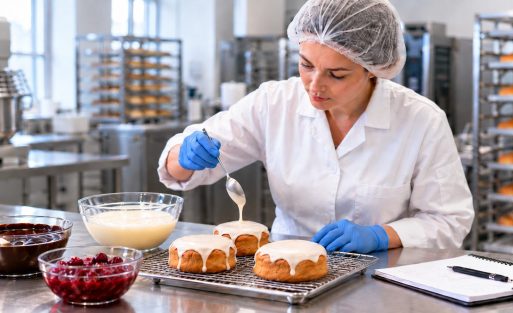 Pastry chef icing golden buns in a trial